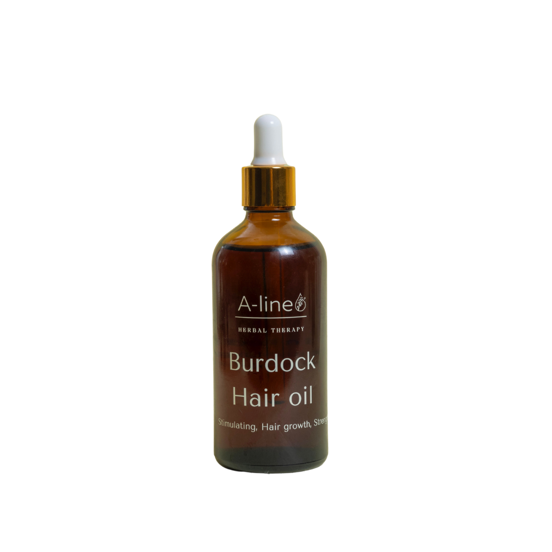 A-line Burdock Root Hair Oil in a 100 ml bottle for nourishing and caring for the hair and scalp.