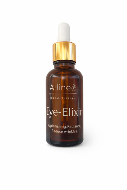 A-line Eye Elixir natural eye serum in an amber glass dropper bottle on a white background.