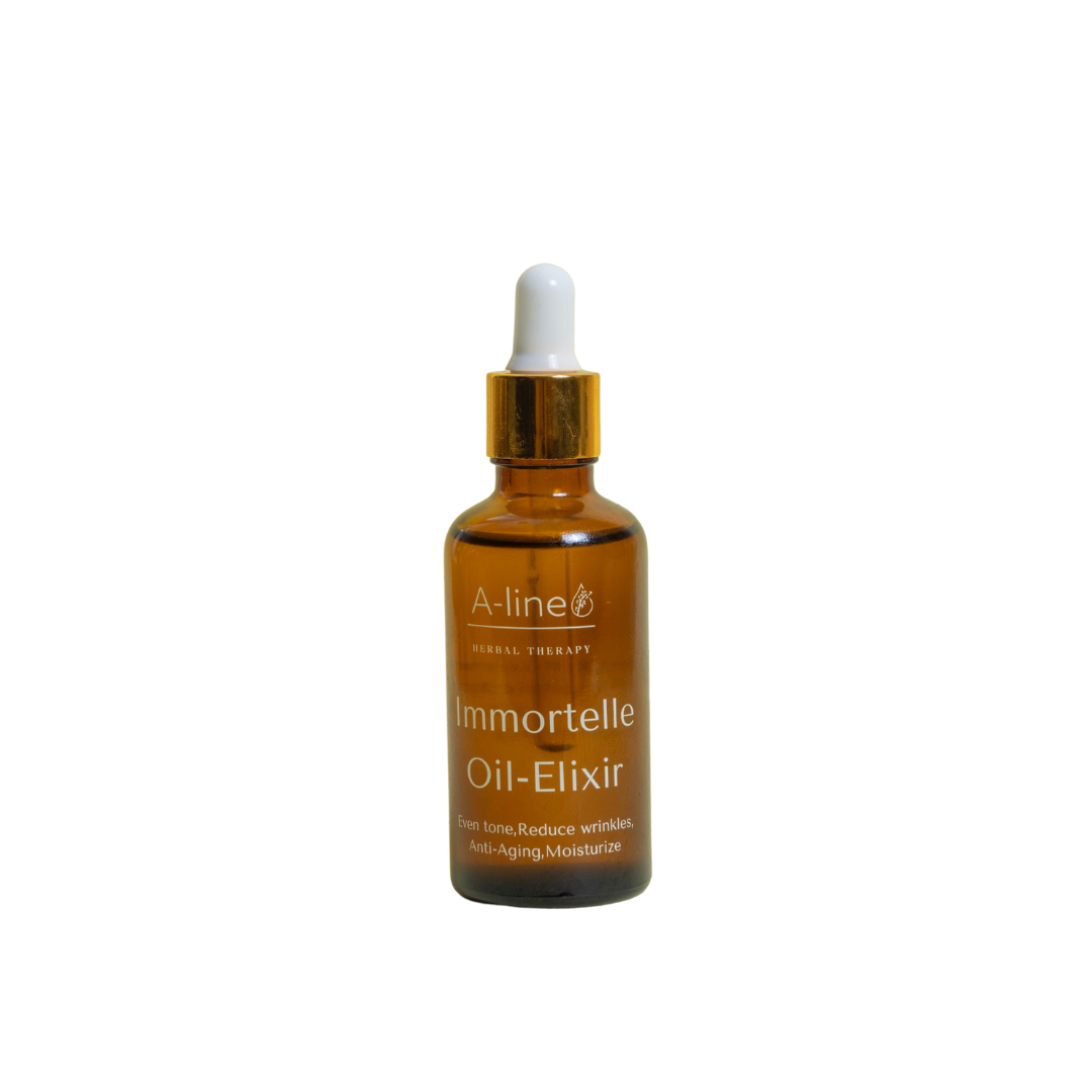 A-Line Immortelle Oil Elixir in a 50 ml amber glass bottle on a white background.