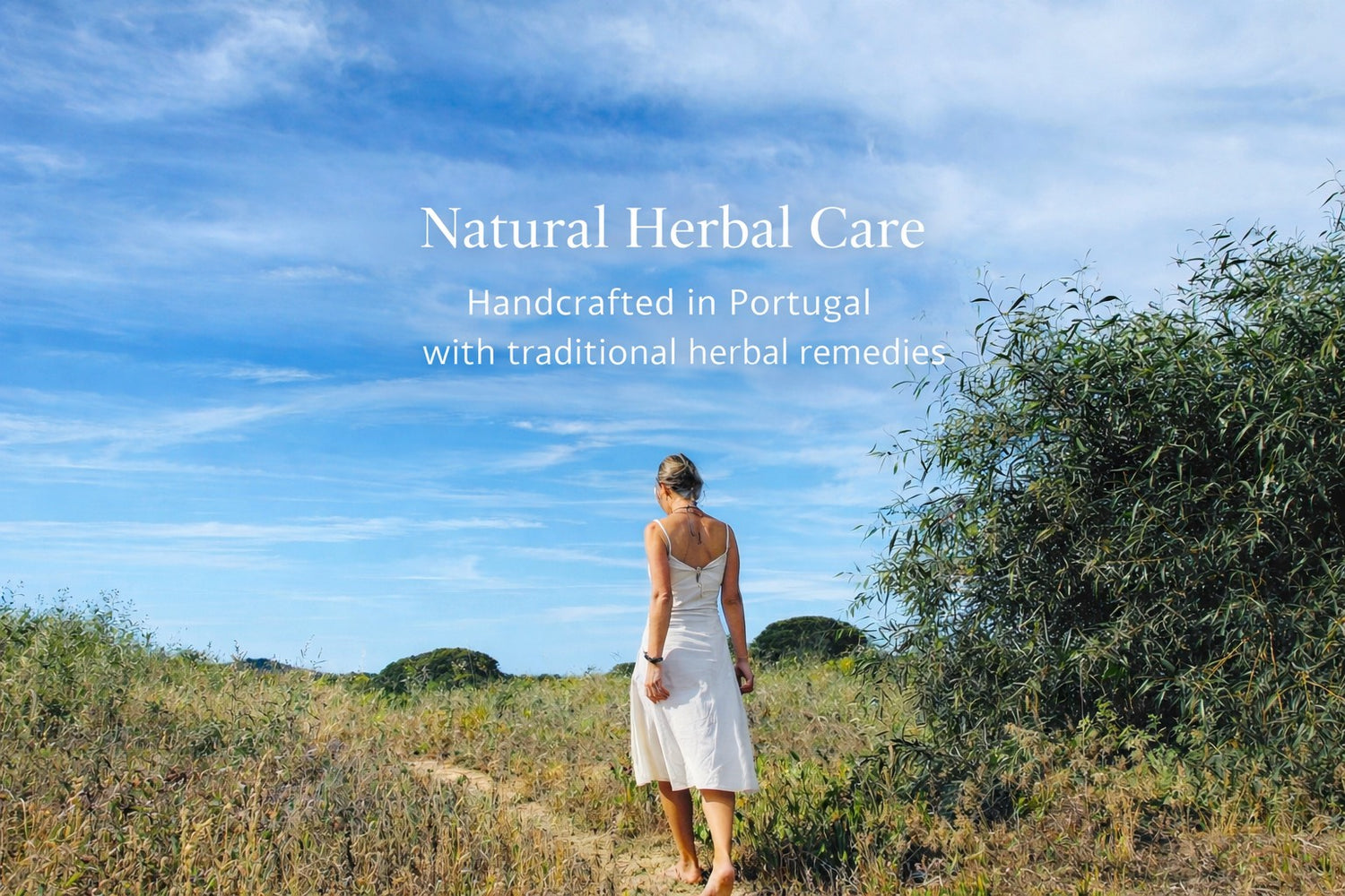 Woman walking through a natural landscape in Portugal with text about A-Line natural herbal care and traditional herbal remedies. 